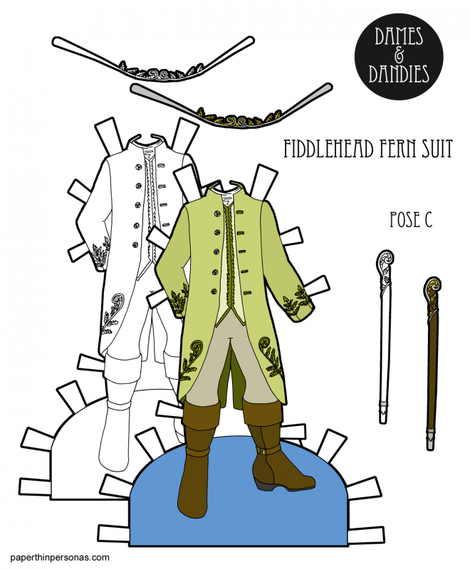 A suit inspired by the 18th century and the fiddlehead fern for a paper doll prince. Free to print in color or black and white and the perfect accompaniment for any paper doll princess.