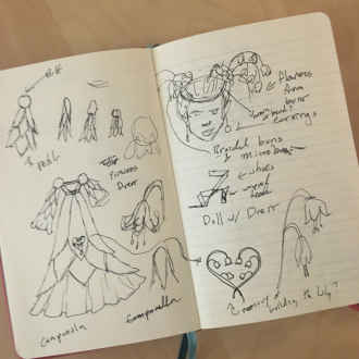 The original doodles for today's printable paper doll with the dress on the left and the doll's head on the upper right. 