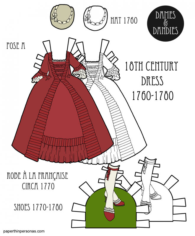 An 18th century paper doll dress based on a 1770 Robe à la Française with a hat and matching shoes in black and white or color.