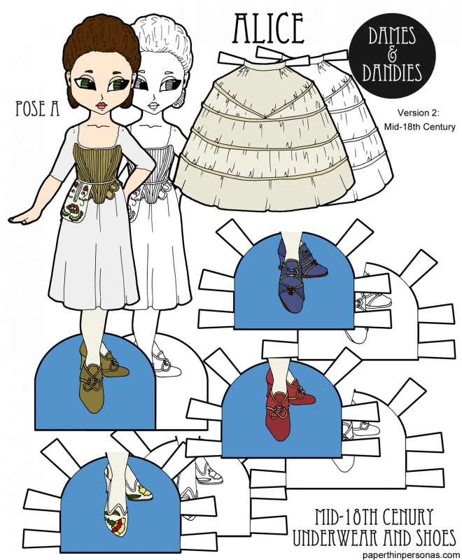 A paper doll with 18th century underwear including a shift, stays, pocket, hoops and shoes. She's free to print in black and white or in color from paperthinpersonas.com. Great for homeschooling history lessons about women's fashion through time. 
