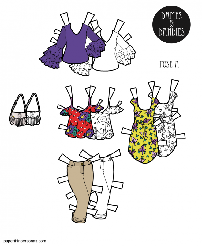 A set if spring time paper doll clothing in color or black and white. Two tops, one sun dress and a pair of capri pants with a purse. 