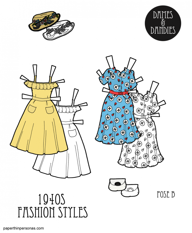 A set of 1940s paper doll clothing with two dresses based on sewing pattern covers, a white purse and a straw hat. The paper doll clothing can be printed in black and white or in color.