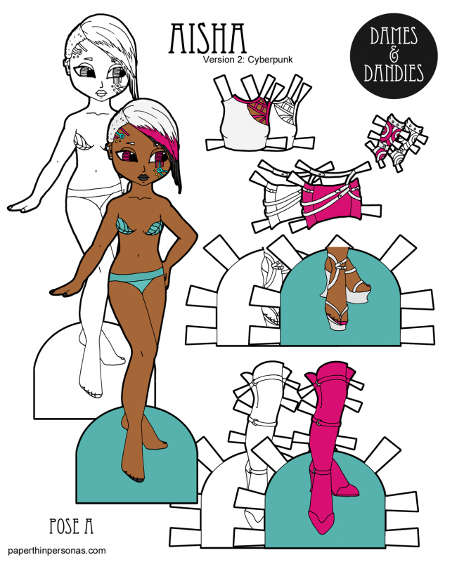 A cyberpunk paper doll to print in color or black and white for coloring with an outfit and two pairs of shoes from paperthinpersonas.com
