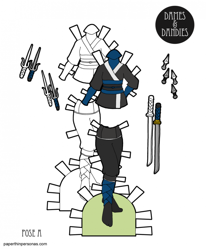 A set of ninja inspired paper doll clothing for the A Pose paper dolls with swords and accessories. 