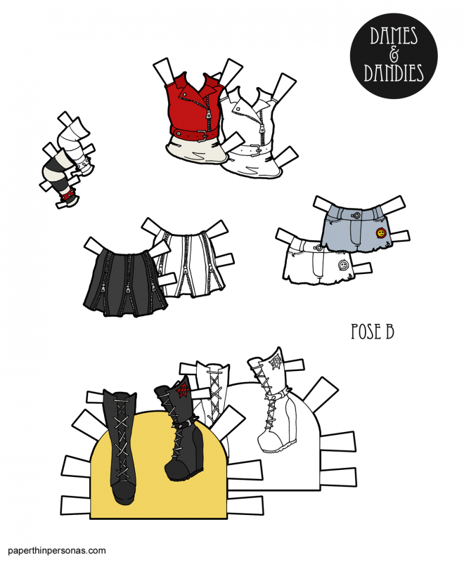 Even paper dolls want to rebel sometimes! Here's a set of printable paper doll clothing inspired by Punk fashion with cut off shorts, boots, a skirt, biker jacket over a tank and an arm warmer. Designed for the B Pose printable paper dolls. 