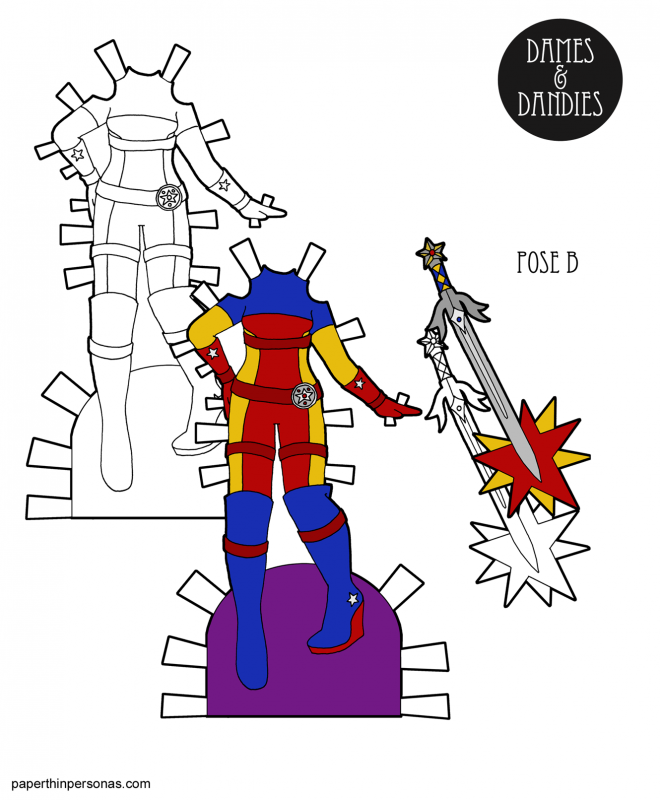 A superherp paper doll costume to print for the Dames and Dandies paper dolls from paperthinpersonas. 
