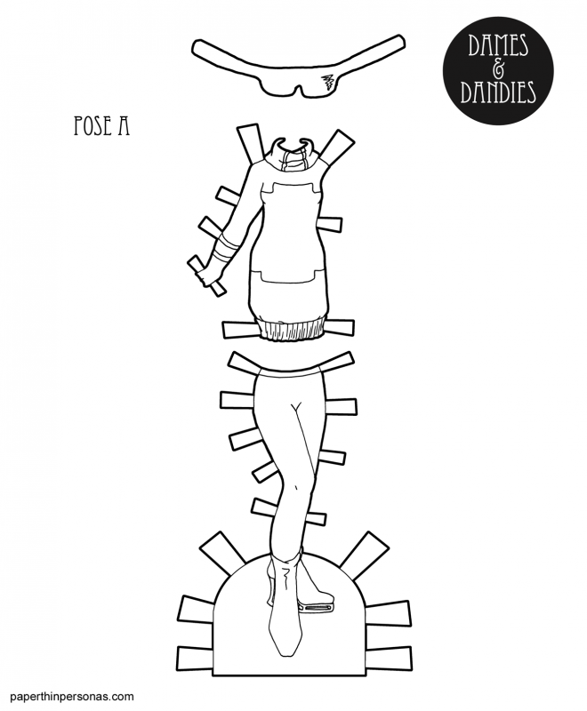 A printable paper doll clothing coloring page featuring a sci-fi inspired sweater dress, sunglasses, tights and boots. 