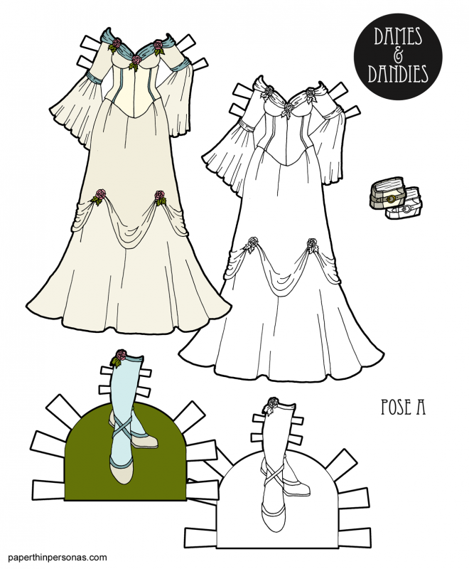 A medieval wedding dress design trimmed in pink roses and pale blue with matching shoes for the paper dolls. Available to print for free in color or black and white.