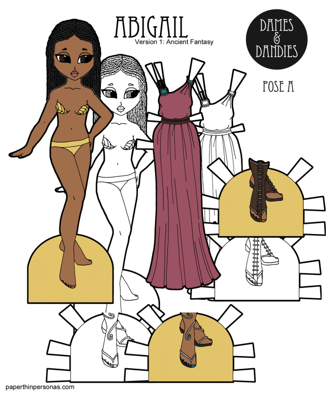 A black fantasy paper doll to print with a toga inspired dress and two pairs of sandals. She can wear any of the A Pose printable paper doll clothing.