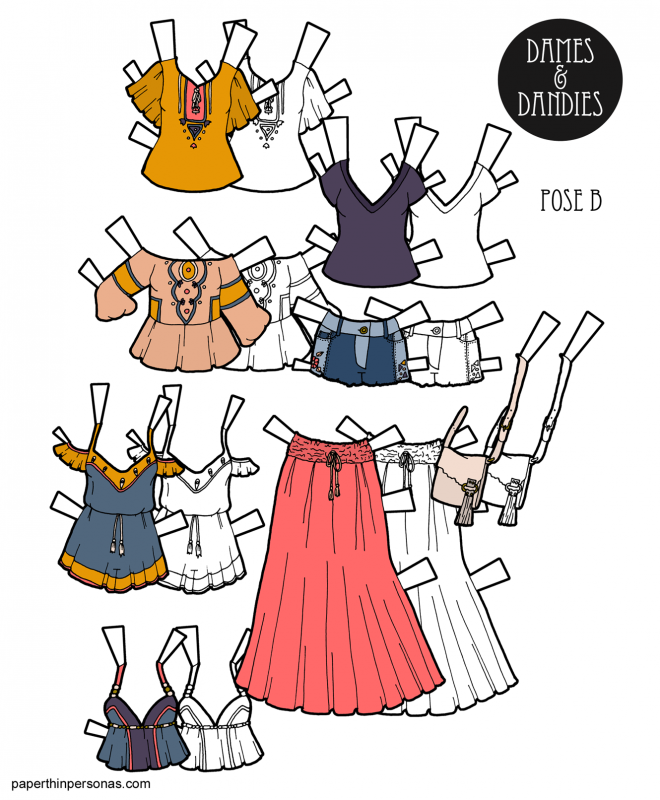 Paper doll fashions inspired by boho fashion brands. Eight different pieces of paper doll clothing that can combine into over 18 combinations. 