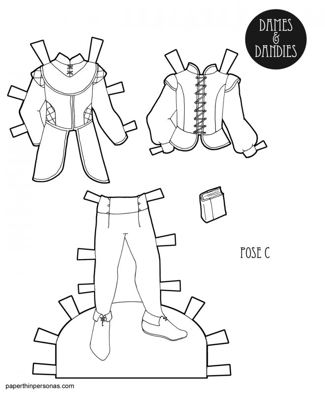 A paper doll coloring page printable featuring guy paper doll clothing with two jerkins, leggings and a book. 
