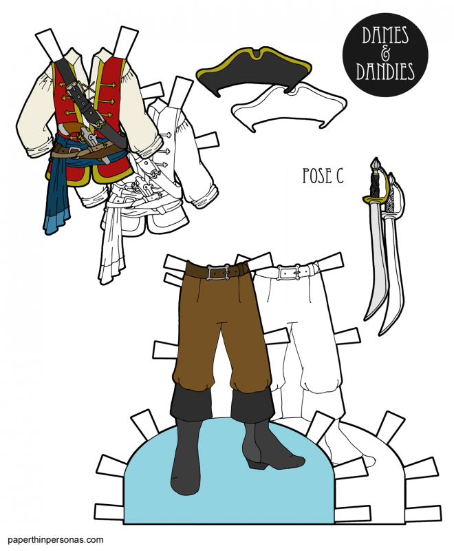 A set of pirate paper doll clothing designed for the C Pose guy paper dolls in color and black and white for coloring. Pirate paper dolls are so much fun!
