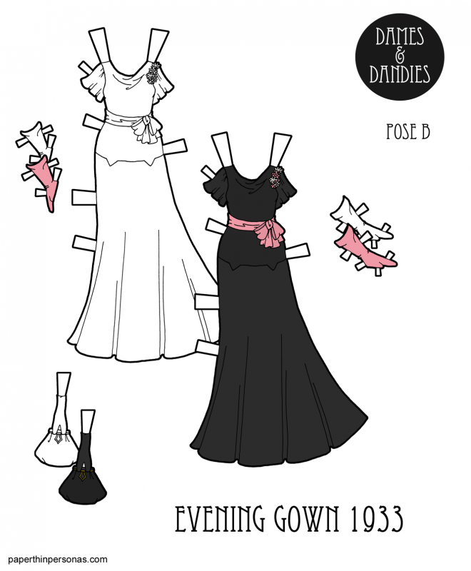 A paper doll 1930s evening wear illustration with a black dress from 1933, gloves and a purse. 