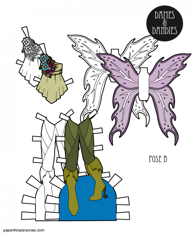 A set of fairy wings and clothes for the B pose printable paper dolls with wings, boots and a blouse. Free to print from paperthinpersonas.com
