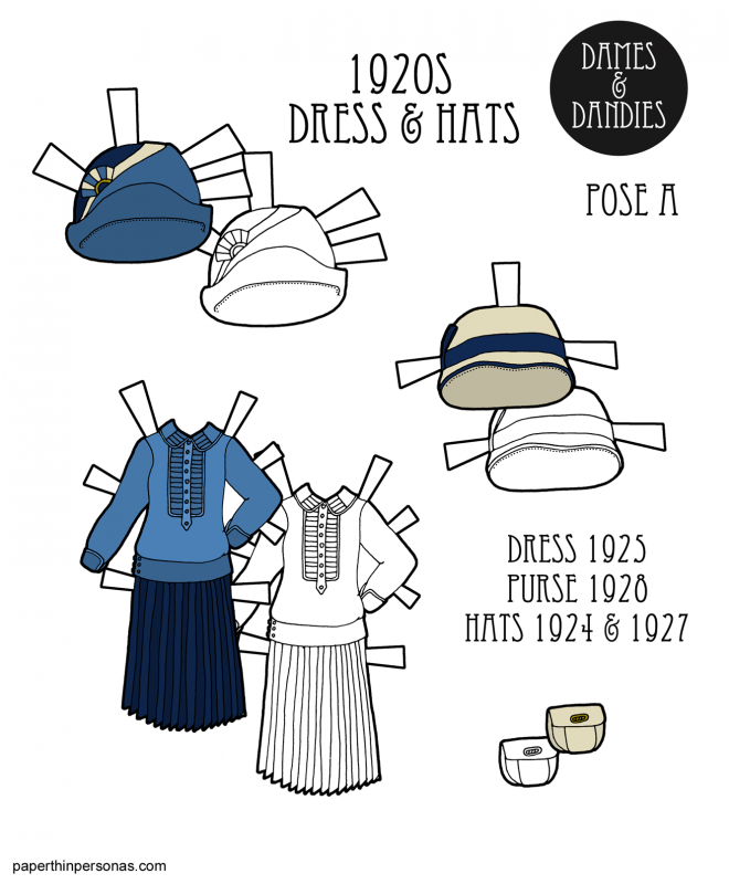 1920s paper doll dress and hats based on the catalogs of B. Altman and Company and Sears from paperthinpersonas.com. Available to print in color or in black and white. 