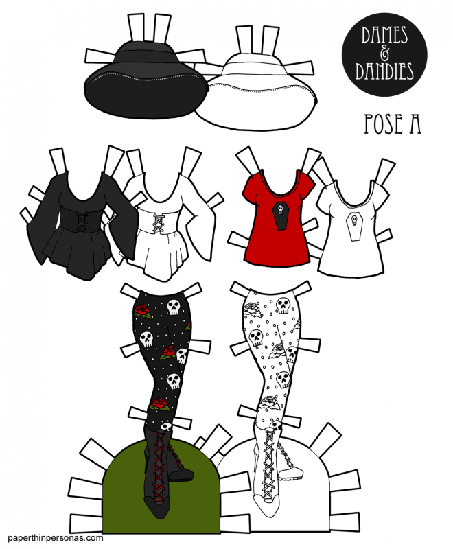 A set of goth paper doll fashions for the A pose paper dolls from paperthinpersonas.com. The set includes a black picture hat, scull covered leggings, a t-shirt with a coffin on it and a black tunic with a corset belt. You can print them in color or black and white for coloring.