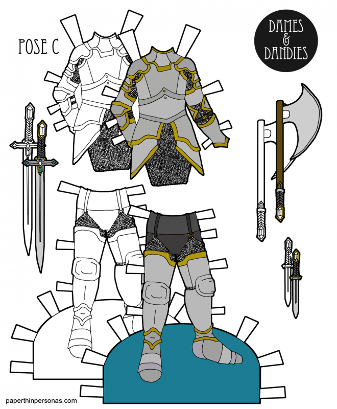 A set of paper doll knight's armor to print and play with for the male paper dolls from paperthinpersonas.com. Great for kid's birthday parties or just fun to color. 