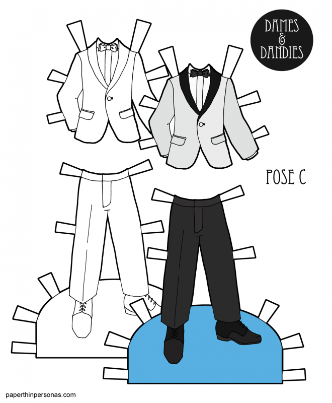 A paper doll tuxedo for the C Pose paper doll men with a white jacket, bowtie and black pants. Also available in black and white for coloring. 
