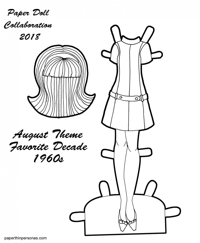 A vintage styled paper doll dress coloring page based on a design from 1968 with matching shoes and wig for the 2018 Collaborative paper doll from paperthinpersonas.com. 