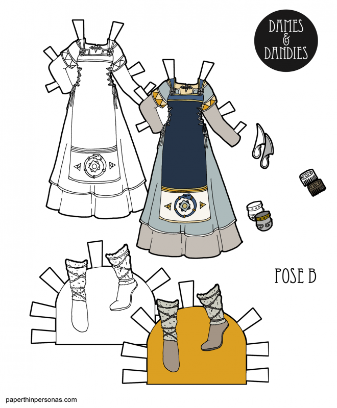 A printable paper doll dress with boots, a comb and knife inspired by Viking apron dresses and Norse mythology. It's free to print in black and white or in color, but it's not very historical. 