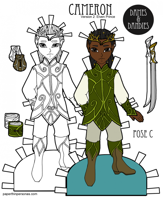 A black elven fantasy prince paper doll with dreadlocks to print and play with from paperthinpersonas.com.