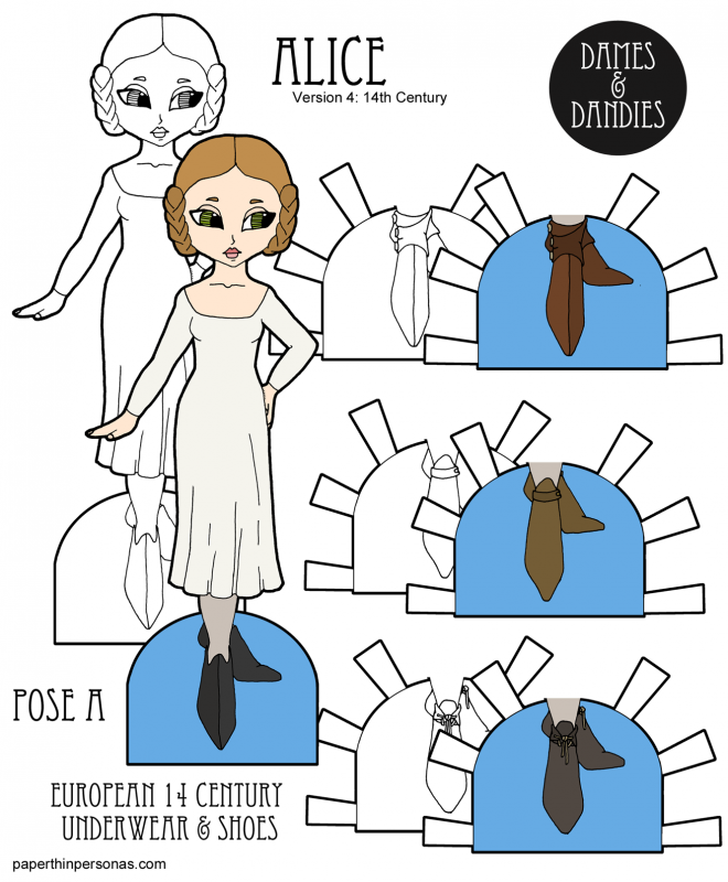 A historical paper doll with shoes and underwear from the 1300s. A great way to learn about 14th century women's clothing and teach history to kids!