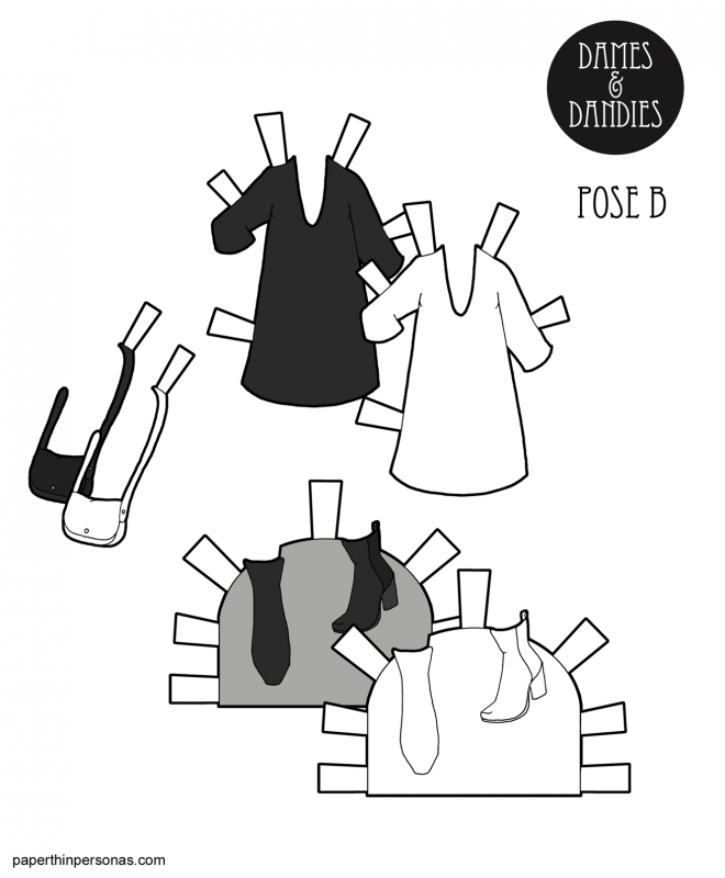 A minimalist dress paper doll outfit with boots and a bag. 