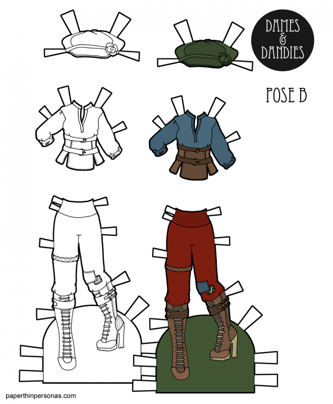 A steampunk paper doll costume for the B Pose paper dolls with pants, boots, hat and shirt. You can print it in color or print it as a coloring page. That's up to you! 