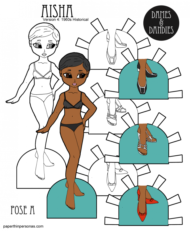 A 1960's Twiggy inspired paper doll with three pairs of historical shoes to print in color or black and white. Her Rudi Gernreich inspired underwear is also historically accurate.
