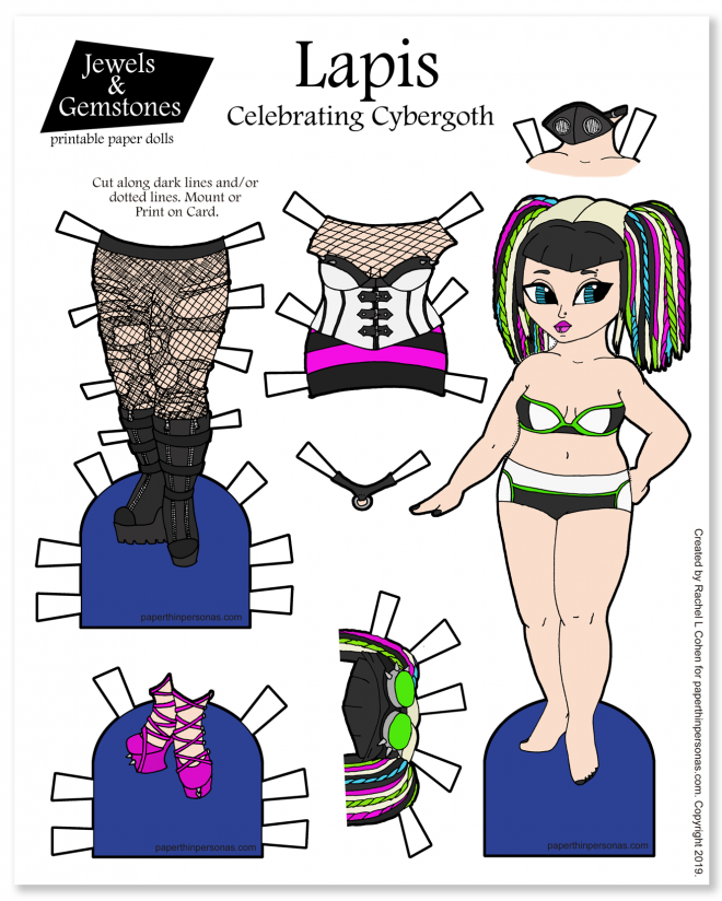 A cybergoth fashion paper doll named Lapis with a dress and two pairs of shoes. She's free to print in color or as a coloring page. 