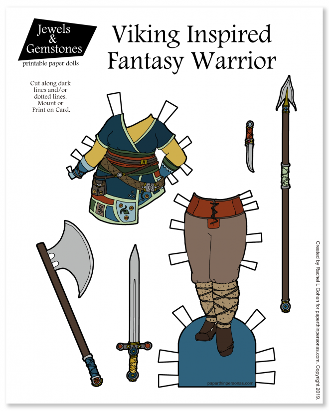A viking woman warrior fantasy outfit with trousers, tunic and weapons. The weapons are critical to the design. A free printable art design in color or black and white.