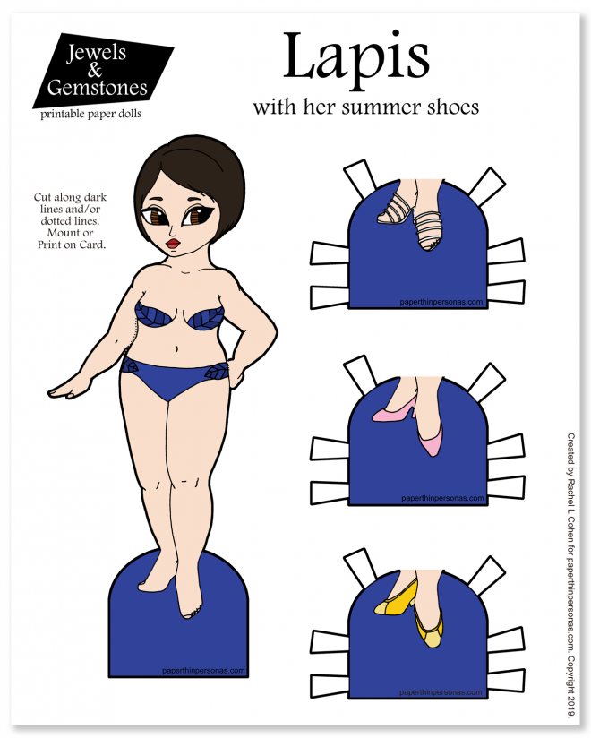 A dark haired paper doll with summer shoes. Free to print from paperthinpersonas.com