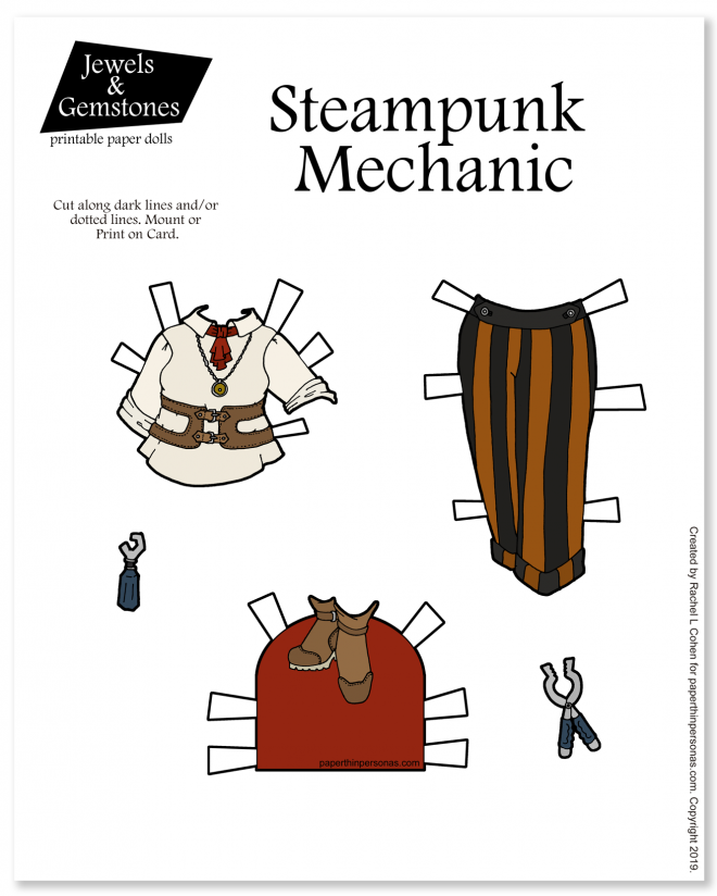 A set of printable paper doll clothing with striped trousers, shirt and boots in a steampunk style from paperthinpersonas.com. Includes tools as an accessory and can be printed in color or black and white for coloring.