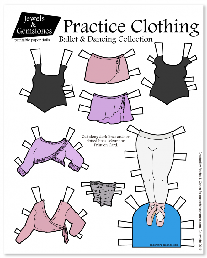 A set of dancing clothing with two leotards, two skirts and two wrap sweaters with tights and toe shoes for the curvy Jewels and Gemstones paper dolls.
