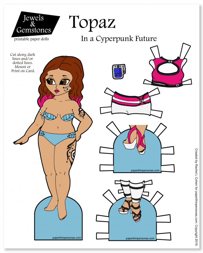 A cyberpunk inspired paper doll with multi-colored hair and an outfit to print from paperthinpersonas.com.