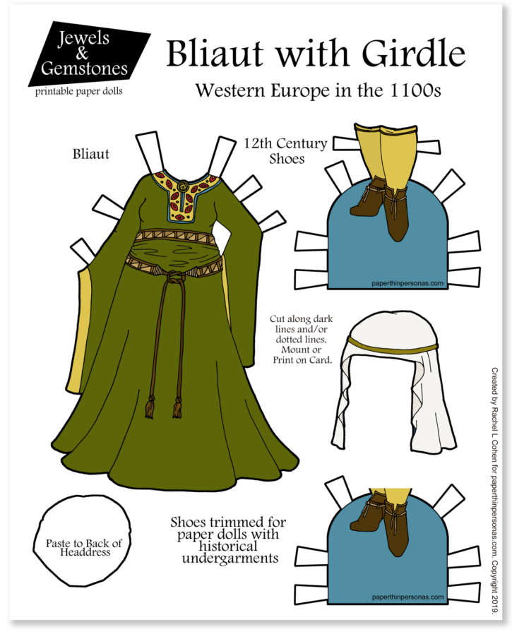 A printable paper doll with 12th century clothing including a bliaut, girdle, headdress, stockings and shoes. A great homeschooling history activity or just a fun paper doll for anyone who likes medieval fashions. 