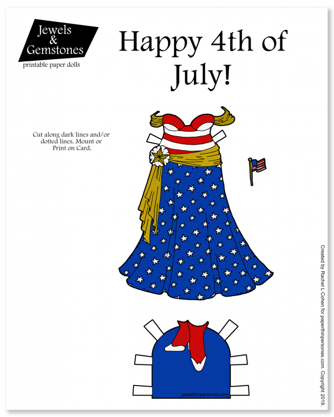 A 4th of July patriotic paper doll gown with stars and stripes for the curvy Jewels and Gemstones paper dolls. 