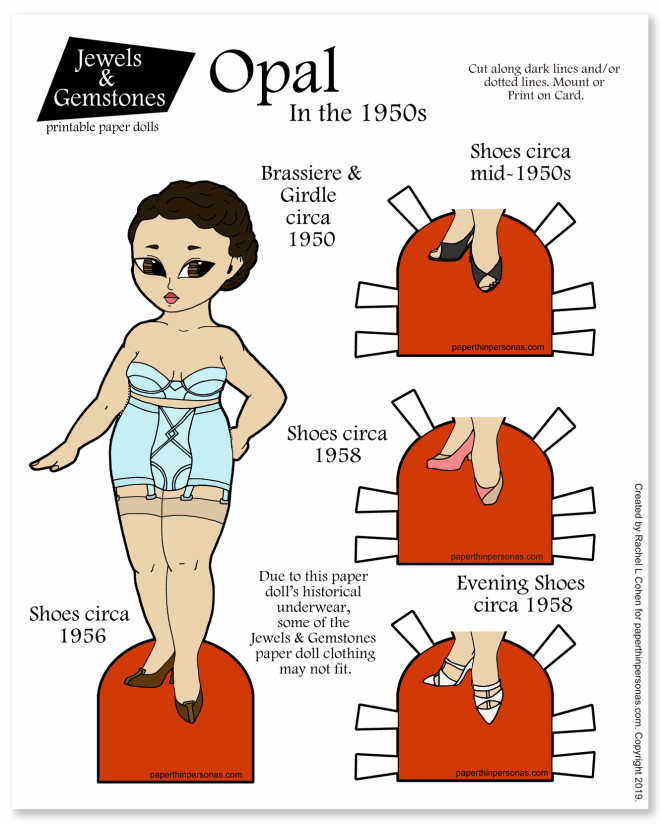 A 1950s fashion paper doll in period underwear with three pairs of shoes. She can wear any of the Jewels and Gemstones paper doll clothing including the 1950s outfits. 