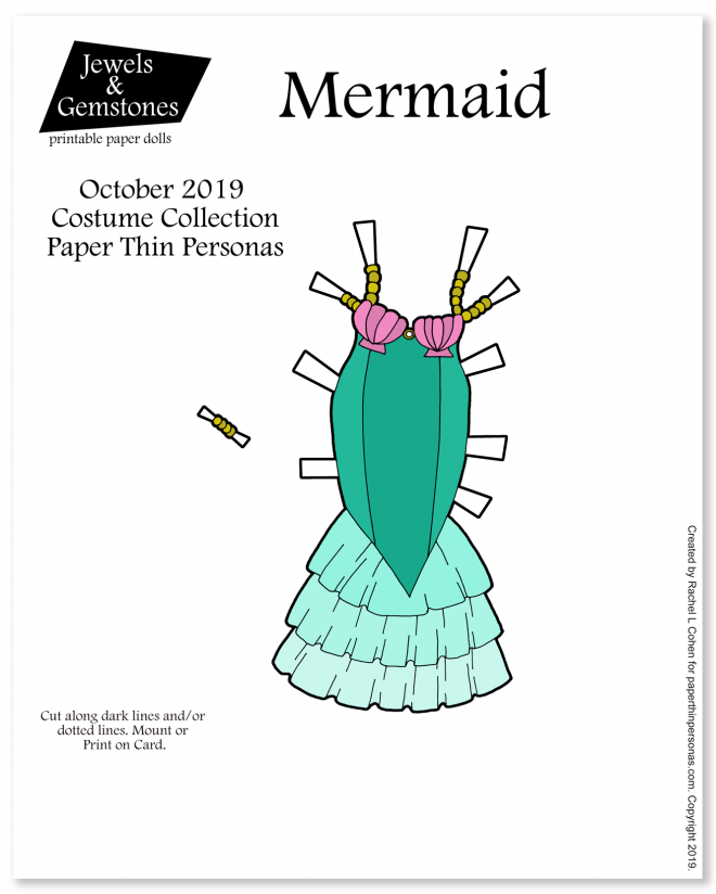 A printable mermaid costume for the Jewels and Gemstones paper doll series. Can be printed in color or black and white. 