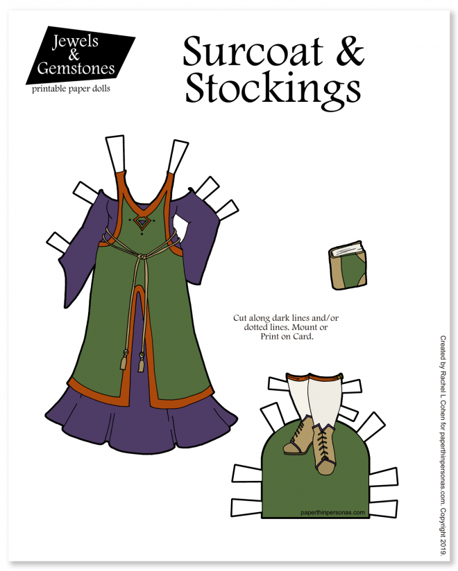 A sideless surcoat (or surcote) inspired paper doll dress for the curvy Jewels and Gemstones paper dolls. Medieval fantasy at its best. 