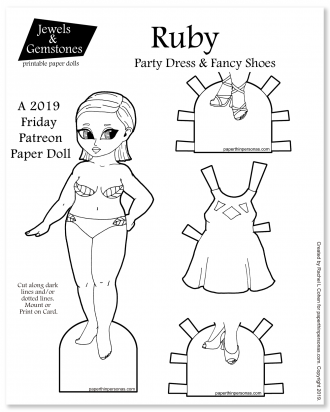 A brunette printable paper doll with a magenta party dress and two pairs of shoes from paperthinpersonas.com. 