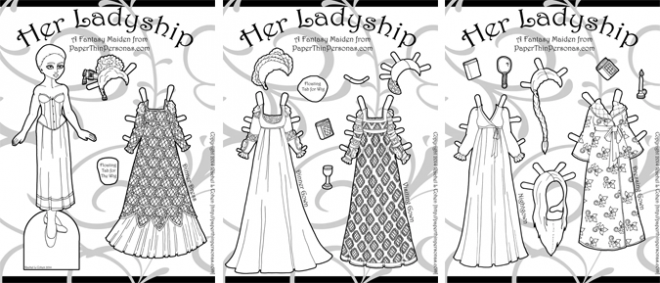 Three of the ten page of this fantasy paper doll that you can color and print.