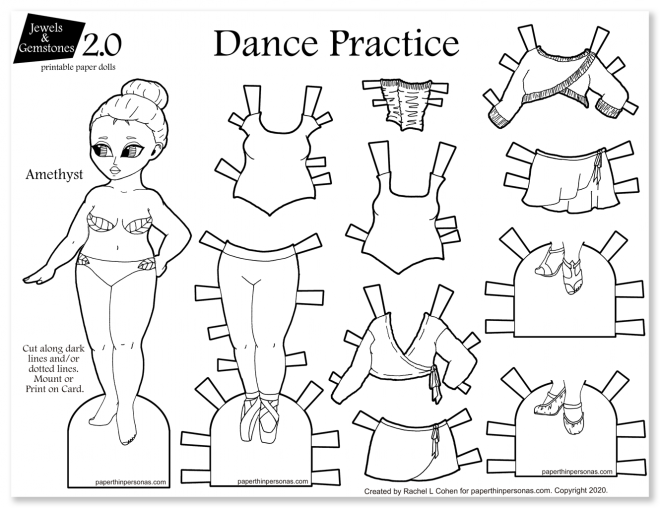 A paper doll of a dancer with practice clothing. 10 different mix and match pieces. Fun to color and print.