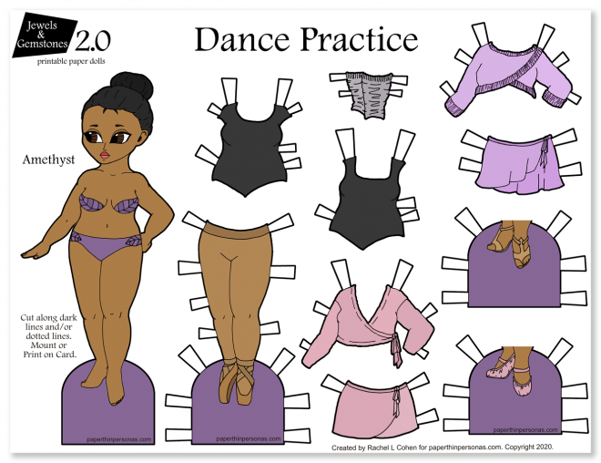 Paper Doll Dancer with practice clothing. Printable from paperthinpersonas.com.