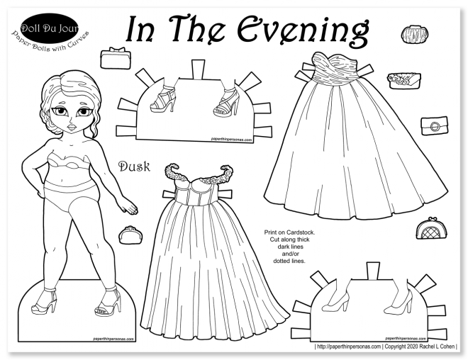 Printable Kids Activity: Curvy Paper Doll with two evening gowns and two pairs of shoes.