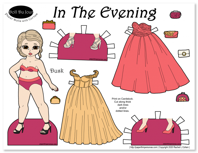 A full-color curvy blond paper doll with two evening gowns and two pairs of shoes.