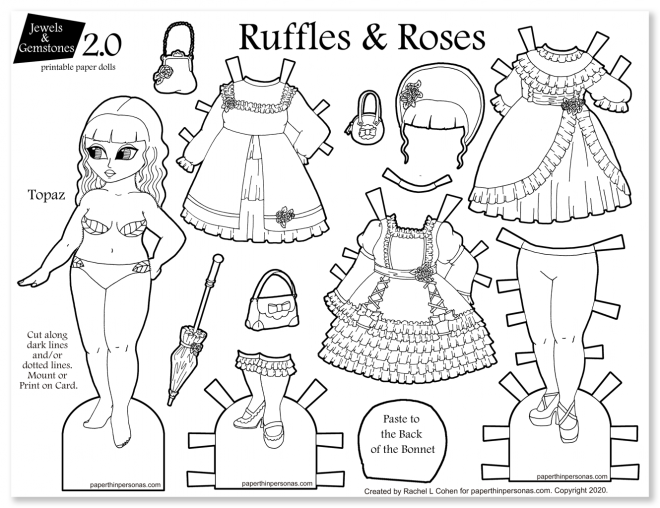 A gothic lolita paper doll with curled hair, 3 dresses, tights, shoes and accessories.