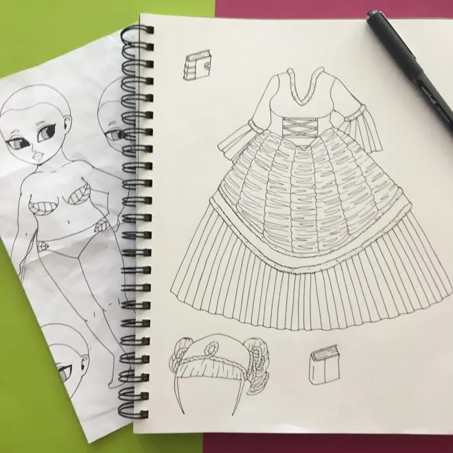 A sketchbook illustration of a fantasy gown.
