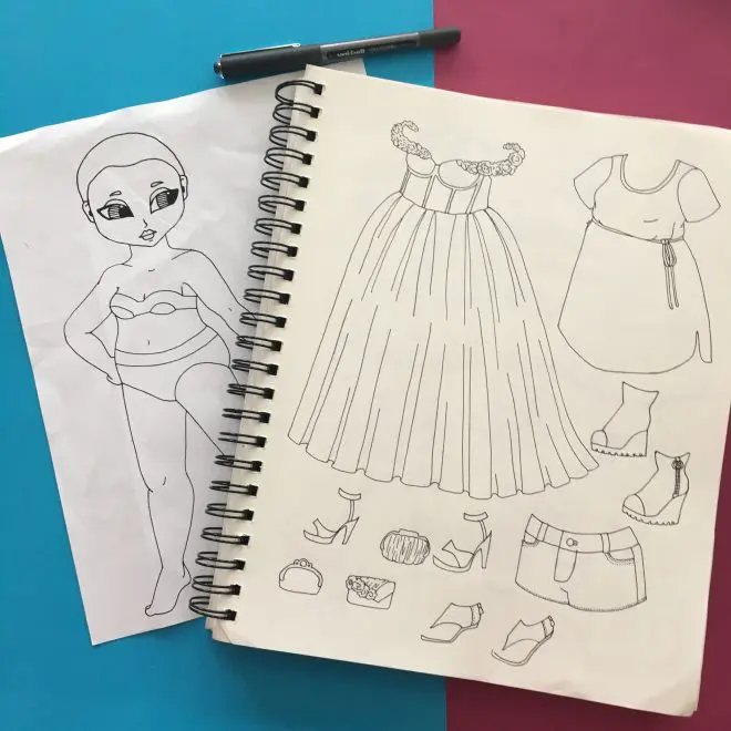 A preview from my sketchbook of the Doll Du Jour paper doll series.
