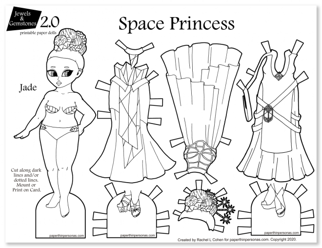 Original paper dolls of a space princess and her gowns to color. Beautiful curvy fantasy paper doll.